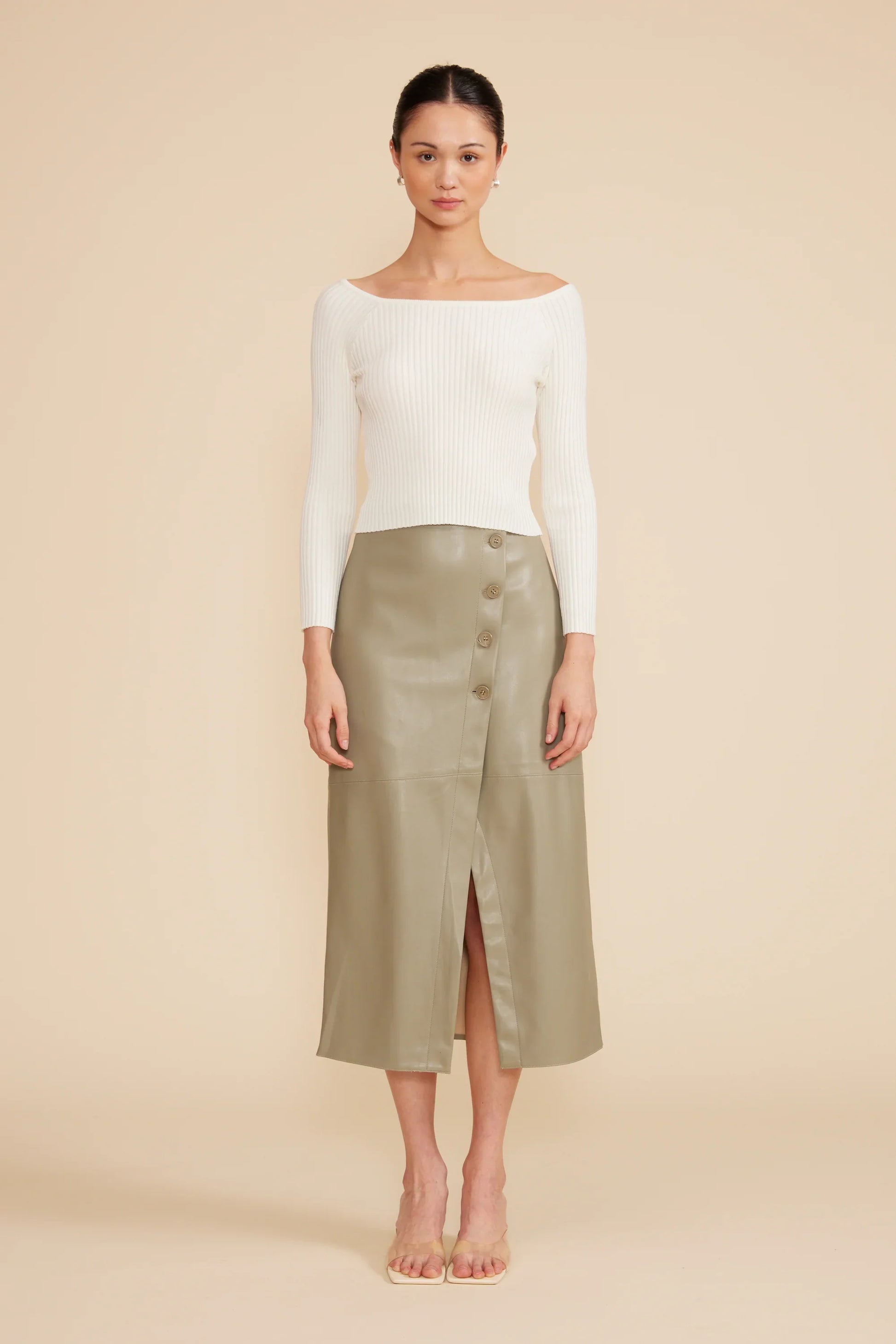 Francisco Button Detail Midi Skirt - Sage Green