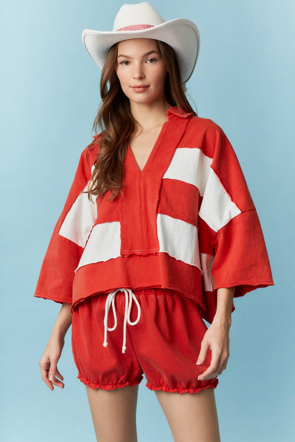 Red Color Block Top