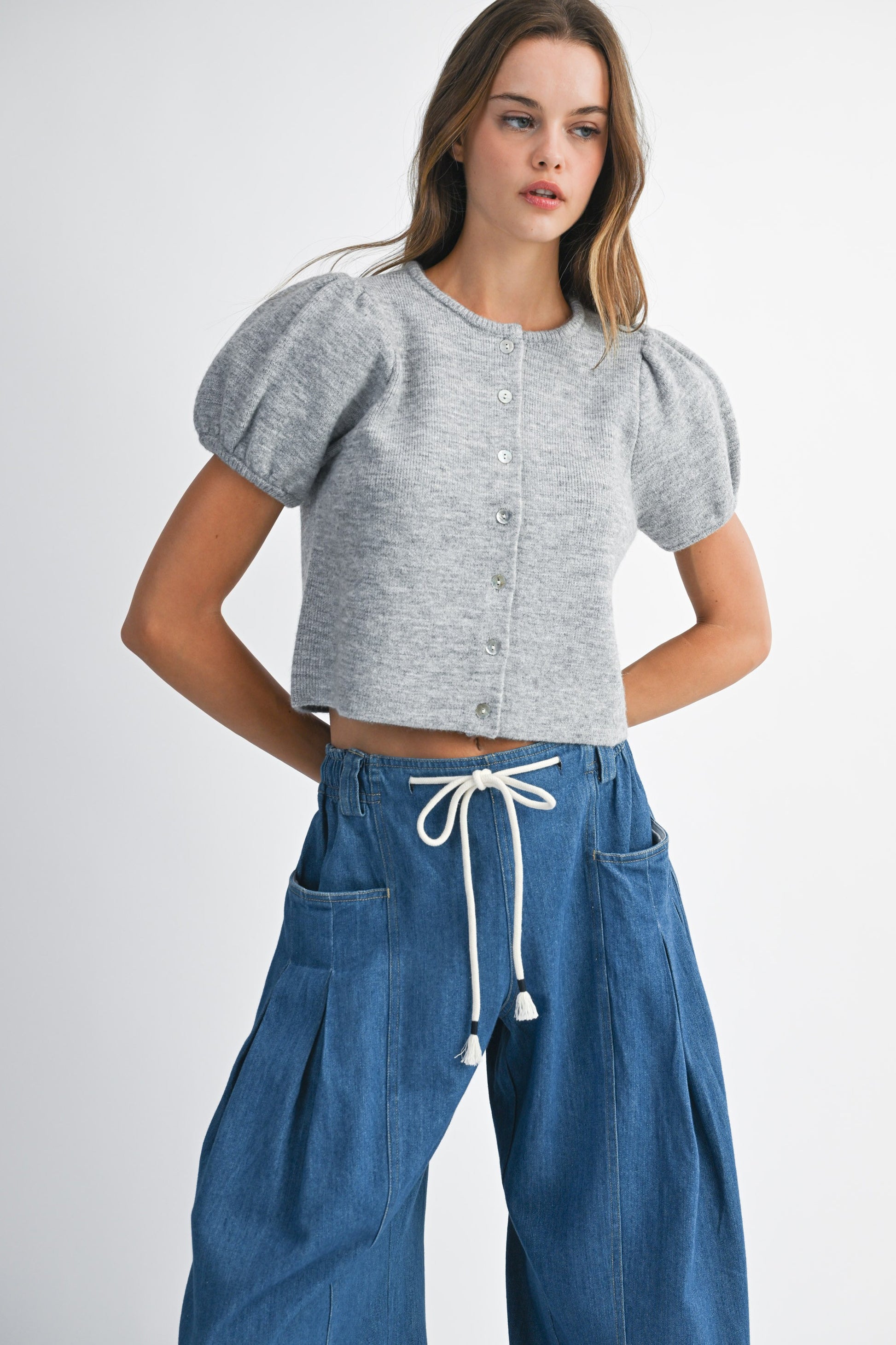 Puff Sleeve Knit Top - Grey