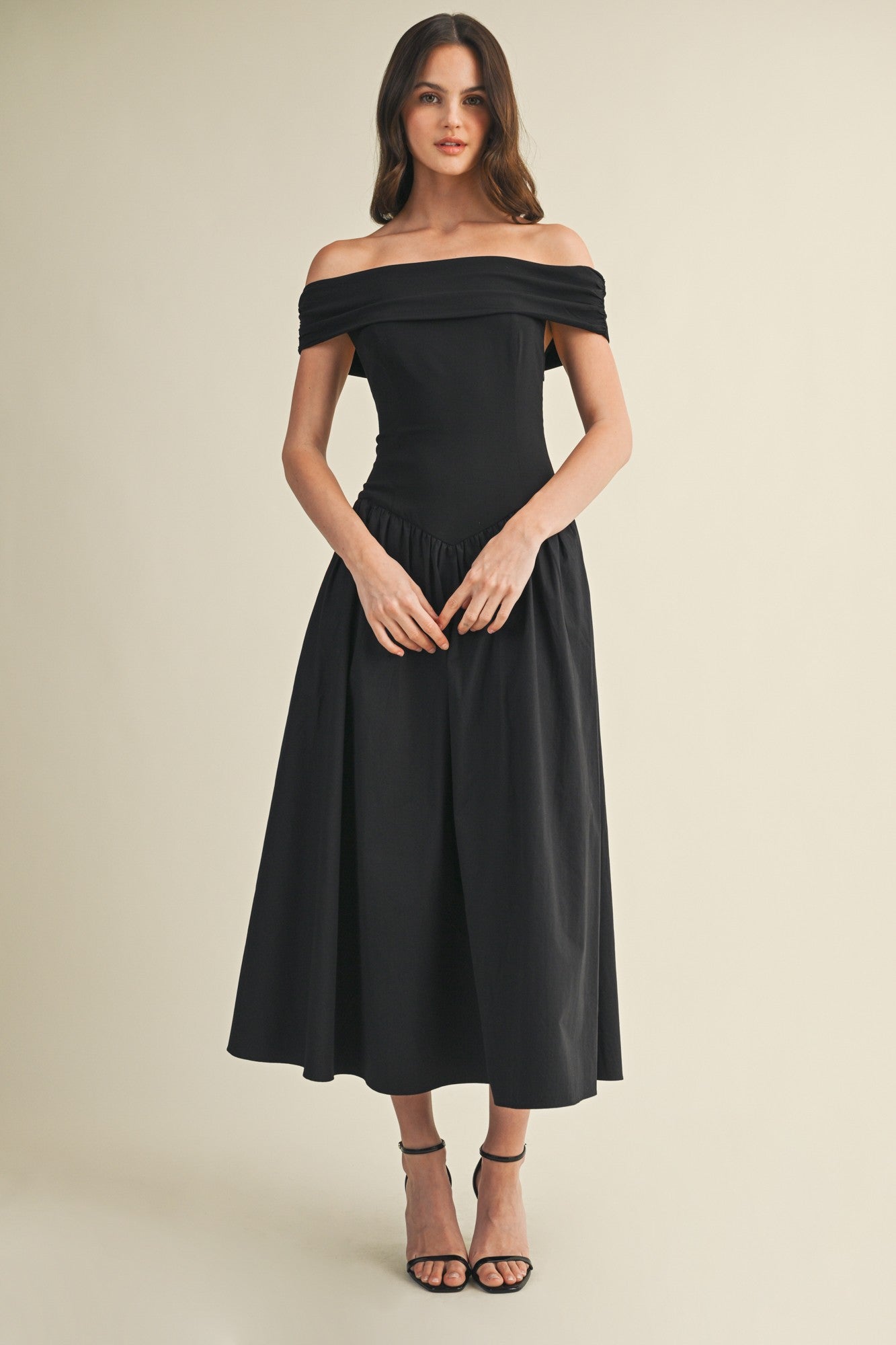 Basque Waist Midi Dress - Black