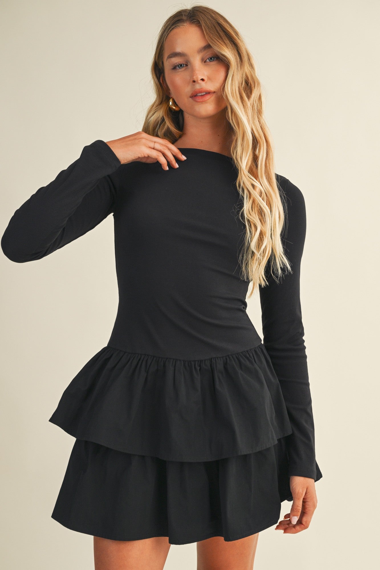 Ruffle Mini Long Sleeve Dress - Black
