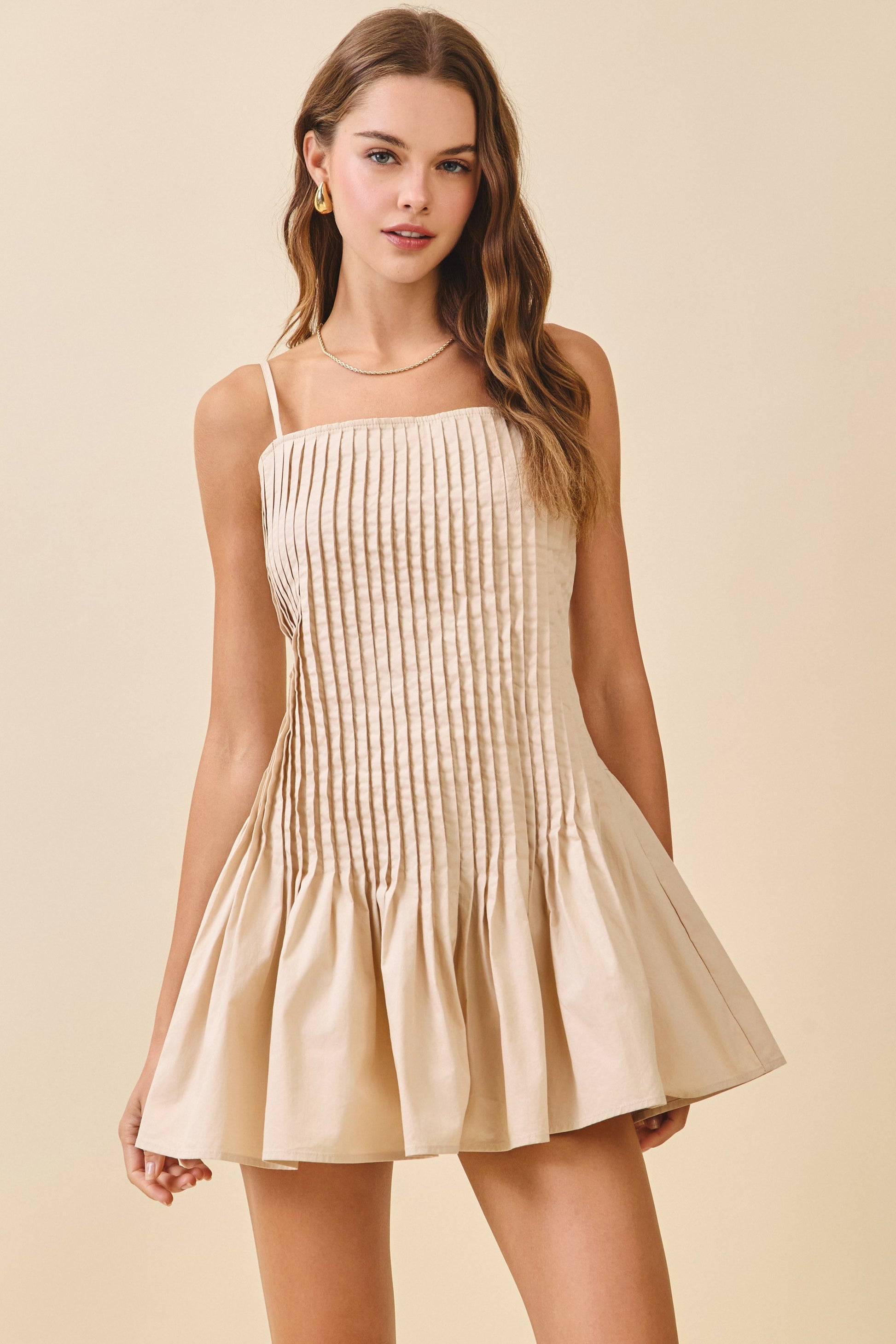 Beige Pleated Mini Dress