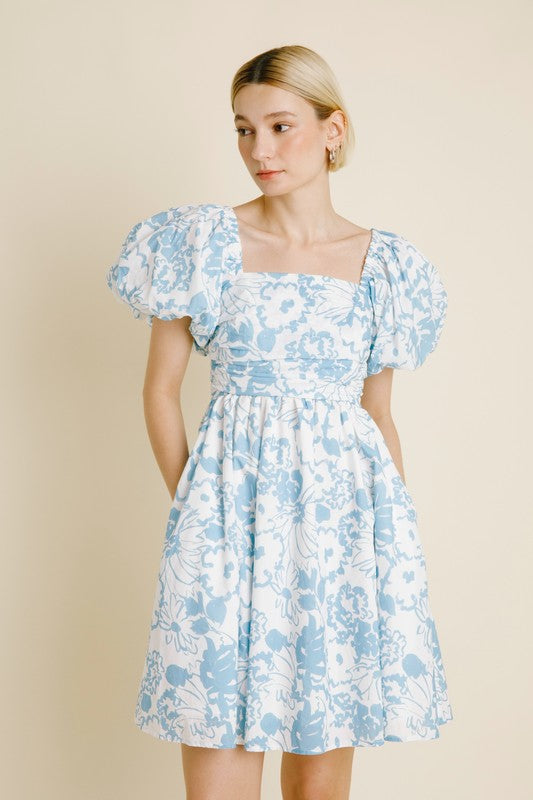 Blue Ruched Shirred Mini Dress