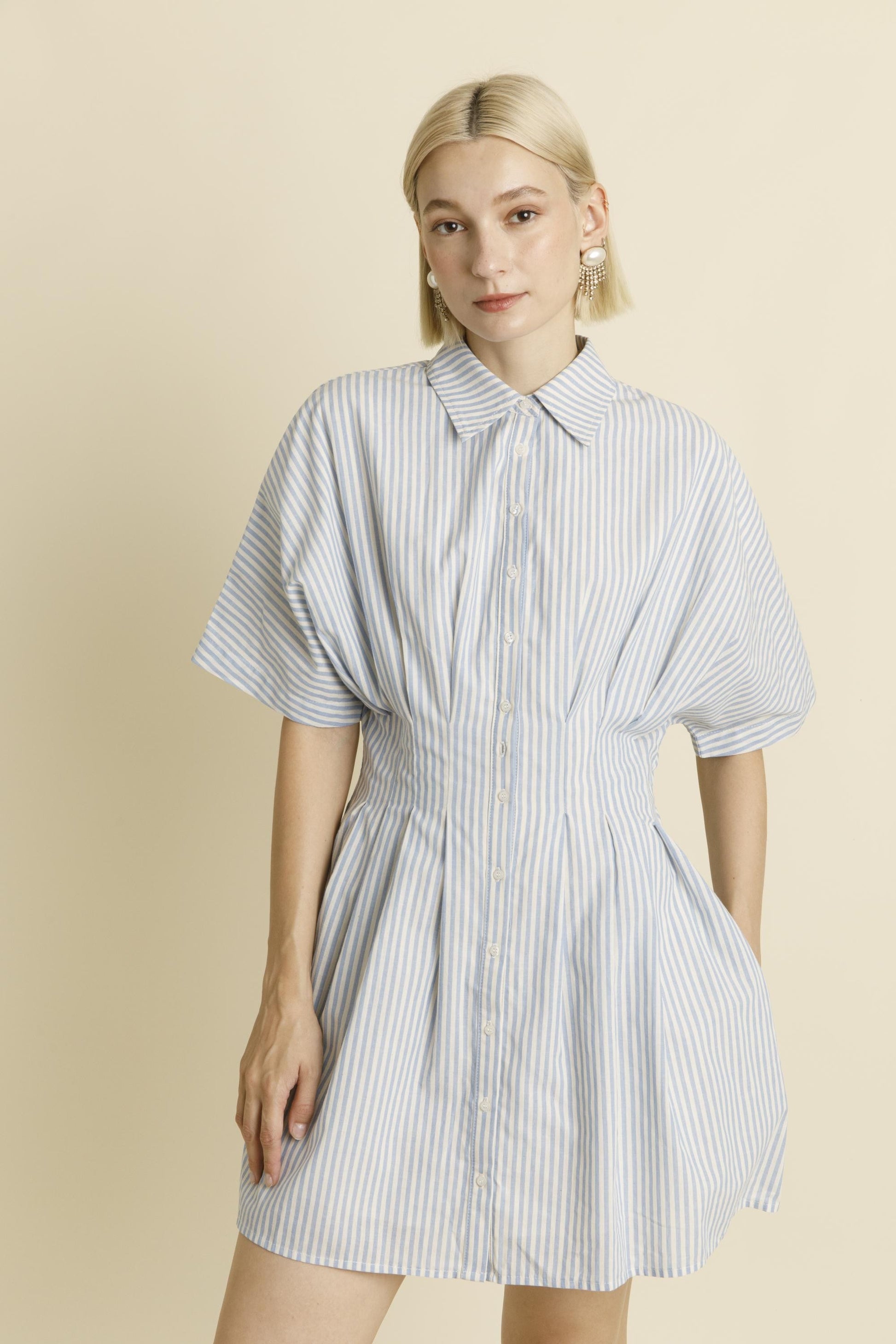 pleated poplin shirt dress Miss Circle Women Palina Pinstripes Cotton Poplin Pleated Midi Preppy Shirt Dress