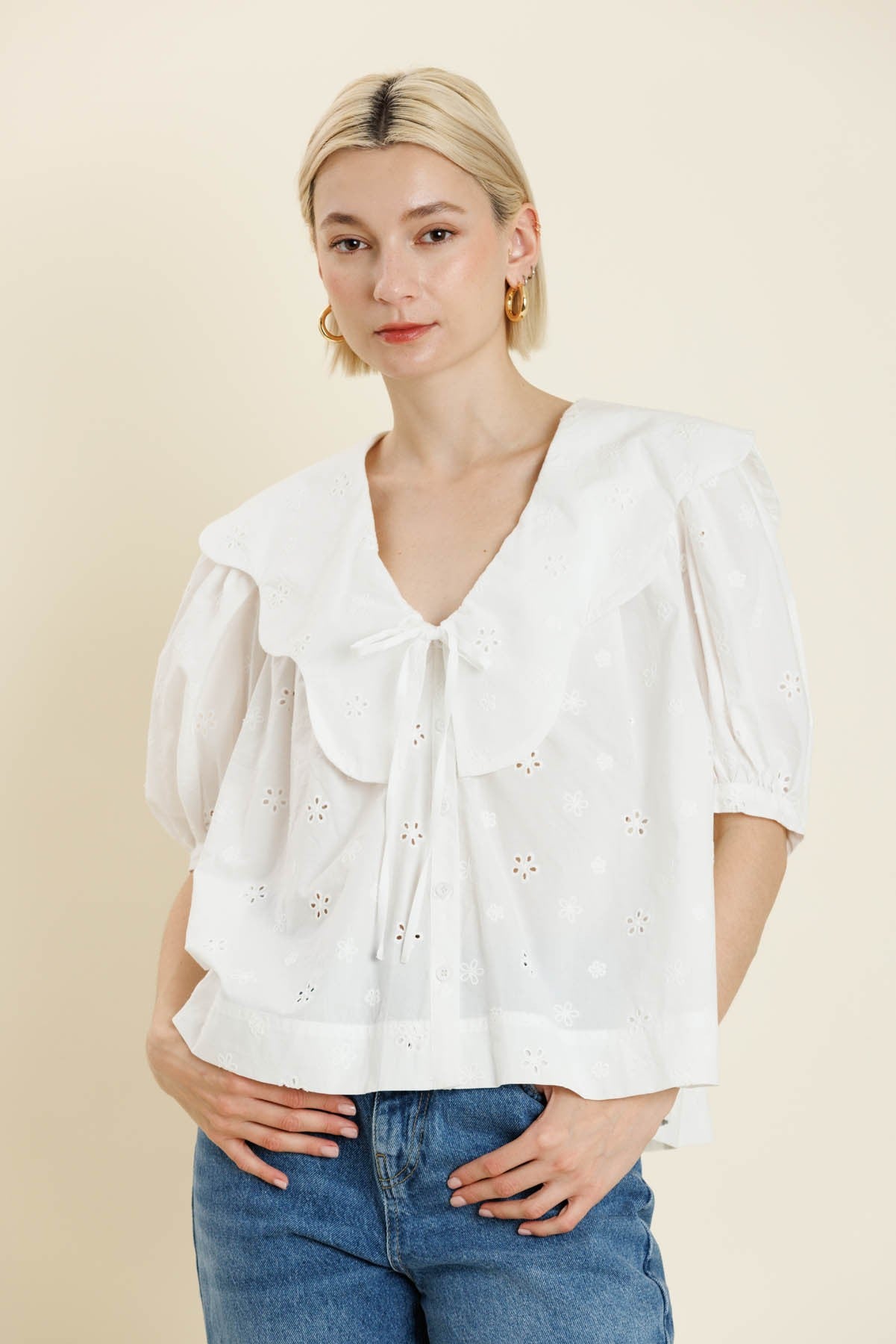 White Scallop Eyelet Top